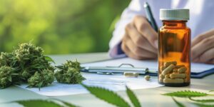 medical cannabis in an open bottle and capsule on a table, with marijuana leaves and buds nearby, Doctor writing on prescription | Hill Family Cannabis Cannabis prescription